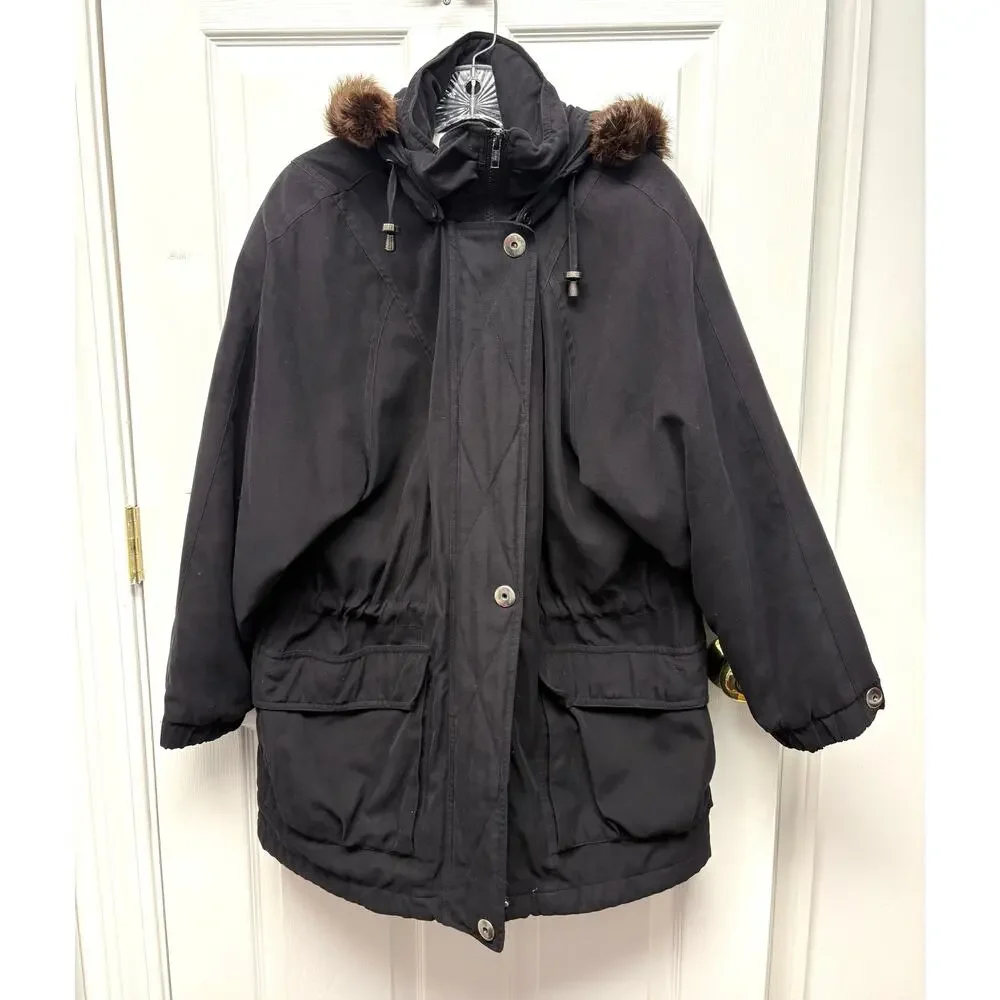 Vintage London Fog Fur Trim Parka Coat Black Hooded Winter Jacket Women’s Size M